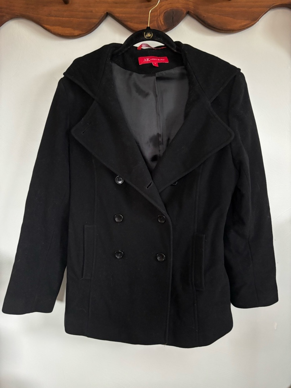 Anne Klein Wool Peacoat Black Hooded Double Breasted Coat Size S